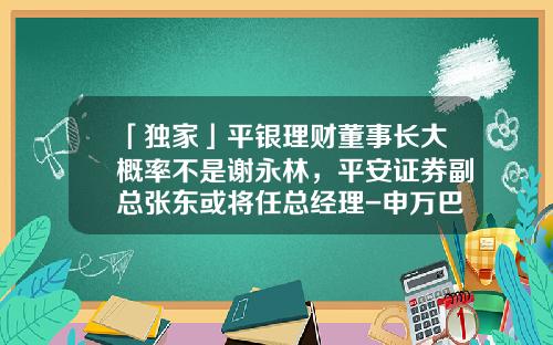 「独家」平银理财董事长大概率不是谢永林，平安证券副总张东或将任总经理-申万巴黎基金管理有限公司