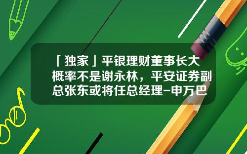 「独家」平银理财董事长大概率不是谢永林，平安证券副总张东或将任总经理-申万巴黎基金