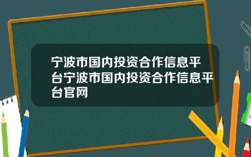 宁波市国内投资合作信息平台宁波市国内投资合作信息平台官网
